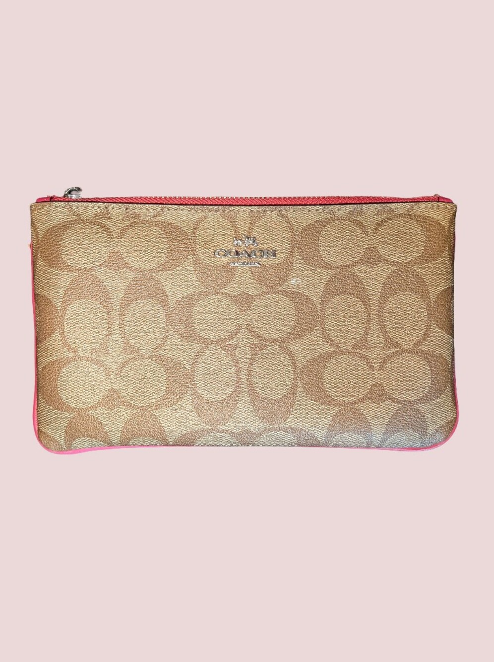 Coach Gold Signature Canvas Wristlet with Pink Trim